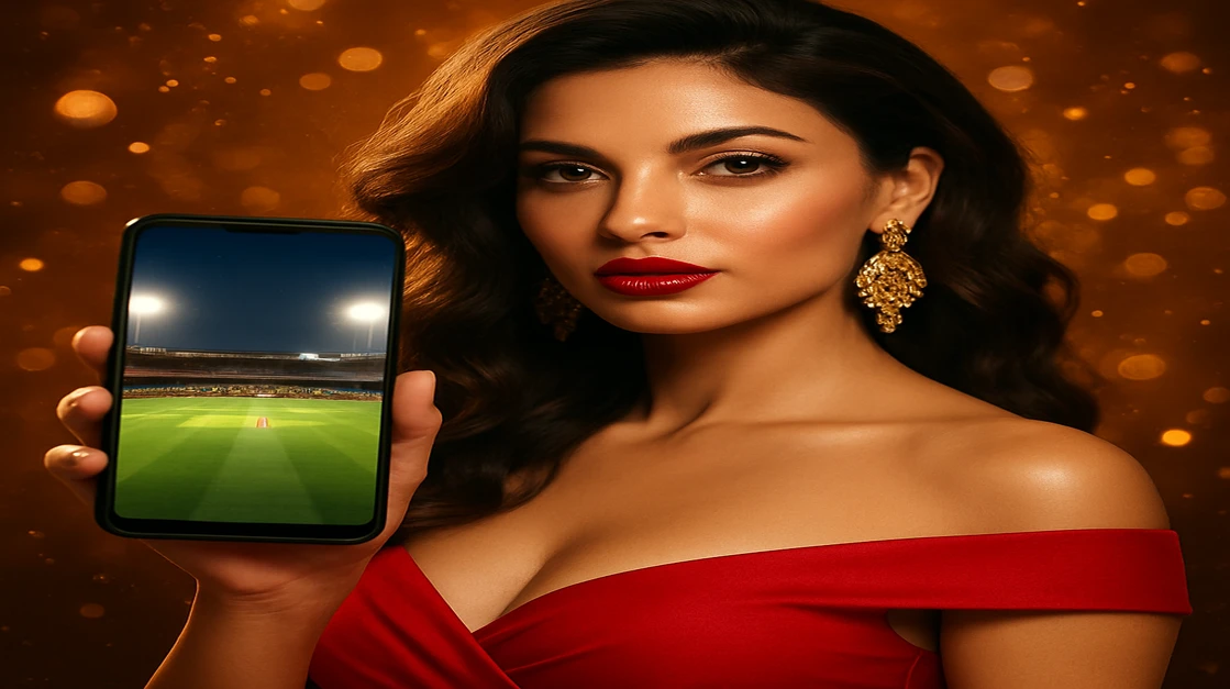 আলিশান এক নারী cb444 স্পোর্টস গেমিং অ্যাপটি উপস্থাপন করছেন, এতে লাইভ ক্রিকেট ম্যাচ স্ট্রিমিং ও মোবাইল ডিভাইসে গেমিং ইন্টারফেস স্পষ্টভাবে দেখা যায়
