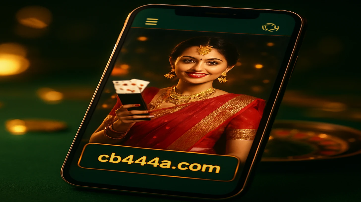ঐতিহ্যবাহী লাল পোশাক ও স্বর্ণালংকার পরা এক নারী cb444 মোবাইল গেমিং প্ল্যাটফর্ম অ্যাপ ব্যবহার করছেন, বোনাস দাবি ইন্টারফেস ও গেম নির্বাচন মেনুসহ