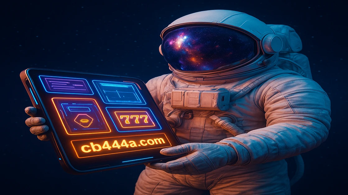 cb444 Spaceman গেমস দেখানো একটি ভবিষ্যৎ গেমিং ট্যাবলেট হাতে ধরে প্ল্যানেটগুলোর মাঝে ভাসছেন এক নভোচারী